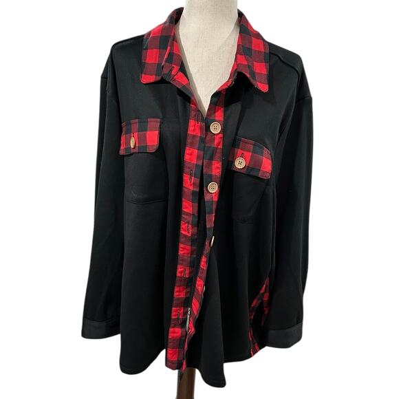 Muk Luks Black French Terry Shacket with Red Black Buffalo Check Details Size 2X - Picture 1 of 5